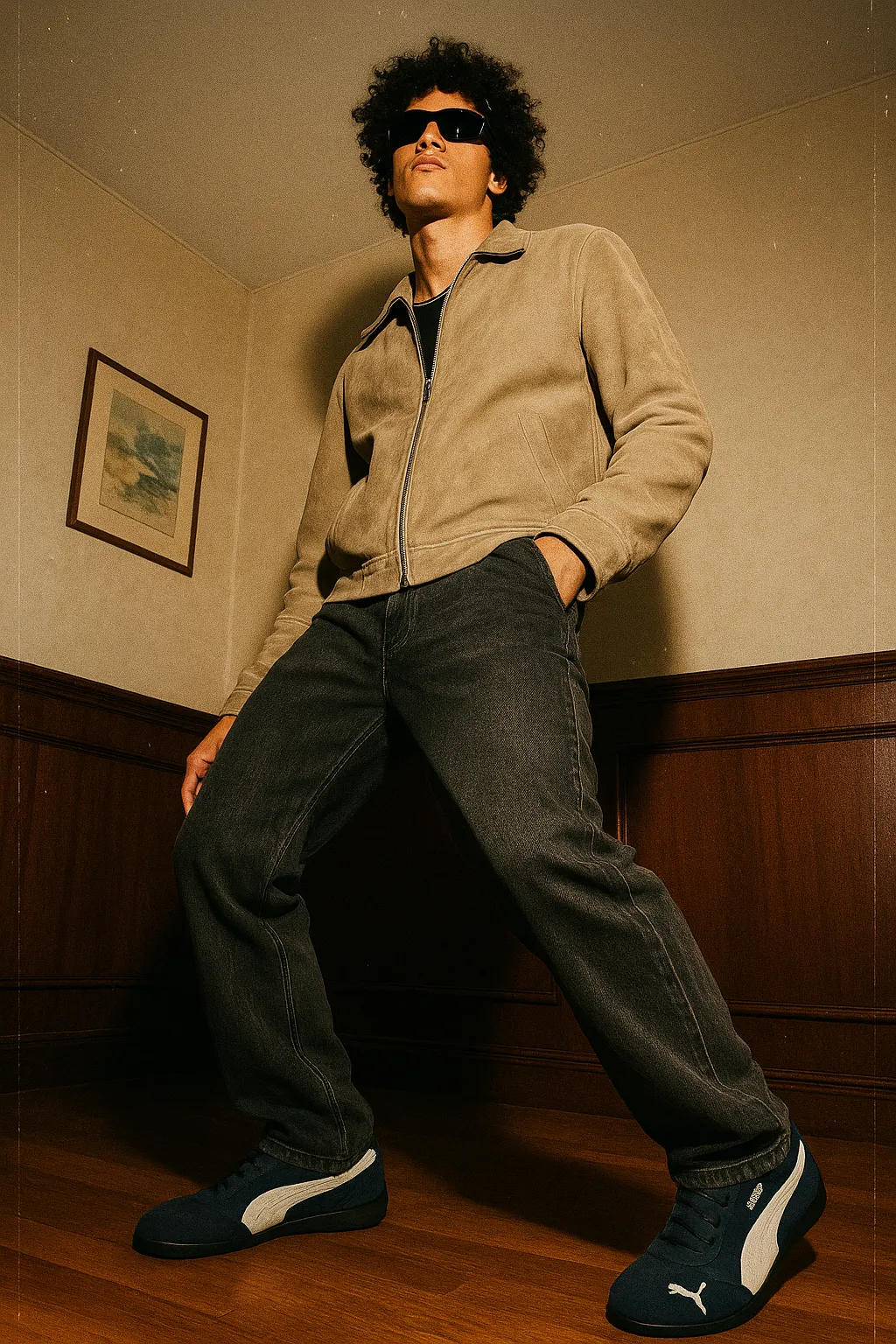 Model in a suede jacket and relaxed denim jeans, leaning against a wall