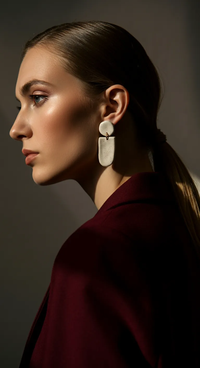 Close-up profile of a model wearing a cream drop earring and maroon blazer