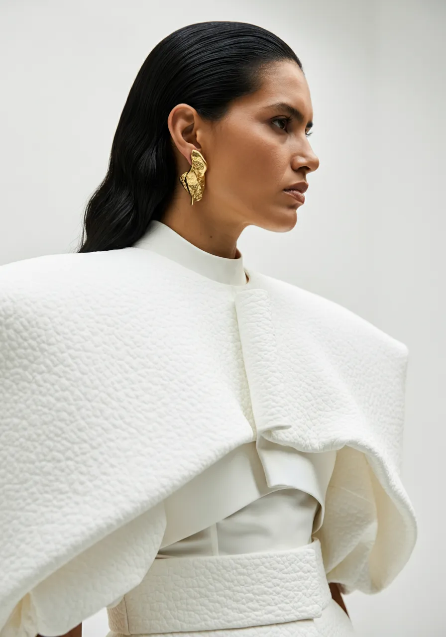 Model wearing an ivory textured caped blazer with a gold earring