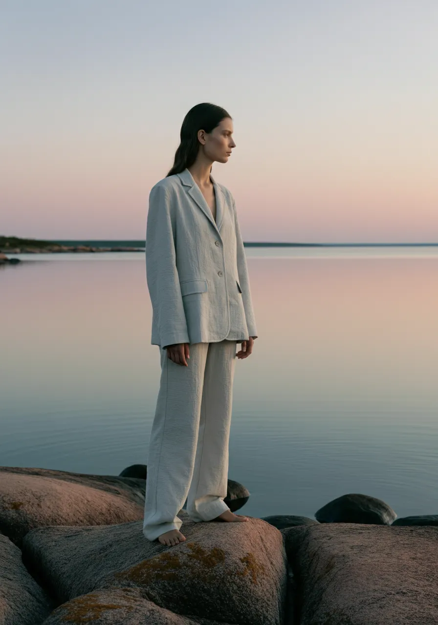 Model in an ivory textured cape suit standing barefoot on coastal rocks at dusk