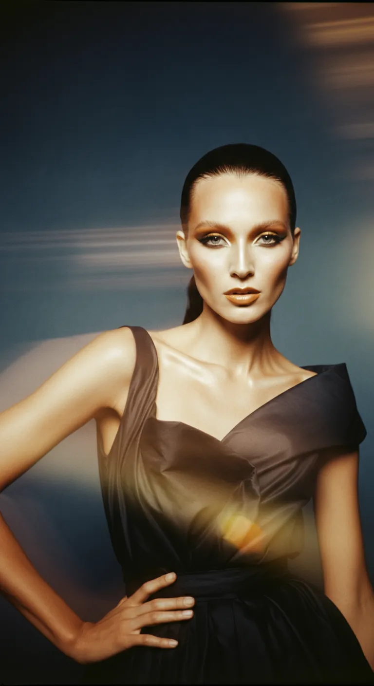 Model in a flowing midnight sculptural gown with warm golden light